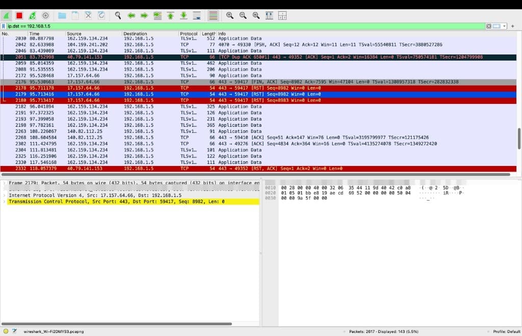 Figure 2. Inbound packet analysis (ip.dst == 192.168.1.5*) highlighting TCP Reset packets and Duplicate Acknowledgments.