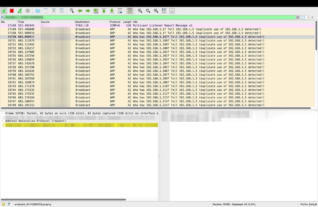 Figure 3. Extender MAC analysis (eth.addr == 12:3e:cc:ba:**:**) showing flooded ARP broadcast requests and the duplicate IP warning banner.