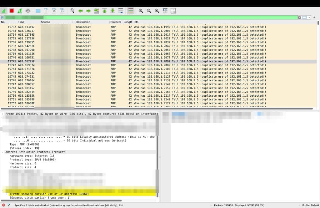 Figure 4. Extended packet trace showing persistent Layer 2 broadcast loops generated by the extender prior to reboot.