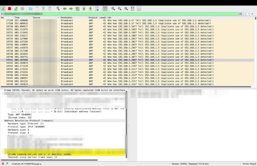 Figure 5. Isolated ARP source traffic (arp and eth.src == 12:3e:cc:ba:**:**) displaying continuous broadcast probes across the .1 subnet, prior to reboot.