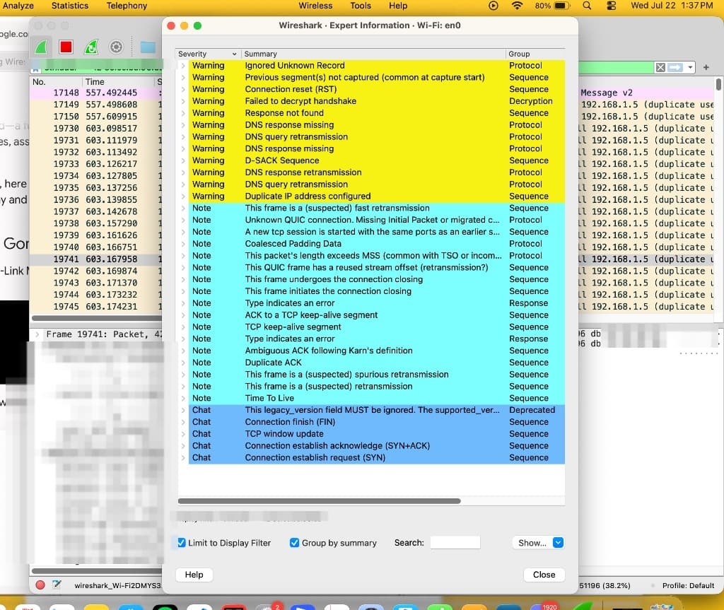 Figure 6. Pre-fix Expert Information window displaying critical warnings, including duplicate IP address configured, dropped DNS queries, and decryption alerts.