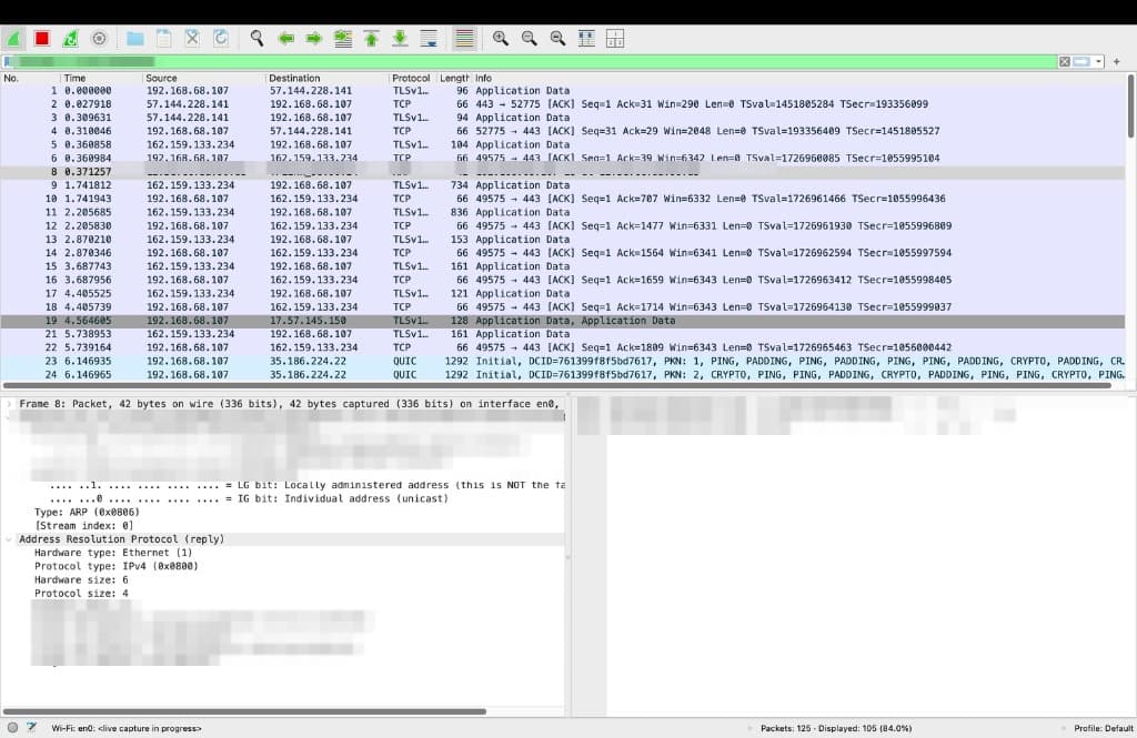 Figure 7. Live post-fix capture showing successful ARP resolution with a clean IP (192.168.68.107*), active TLSv1, and QUIC streaming traffic without errors.