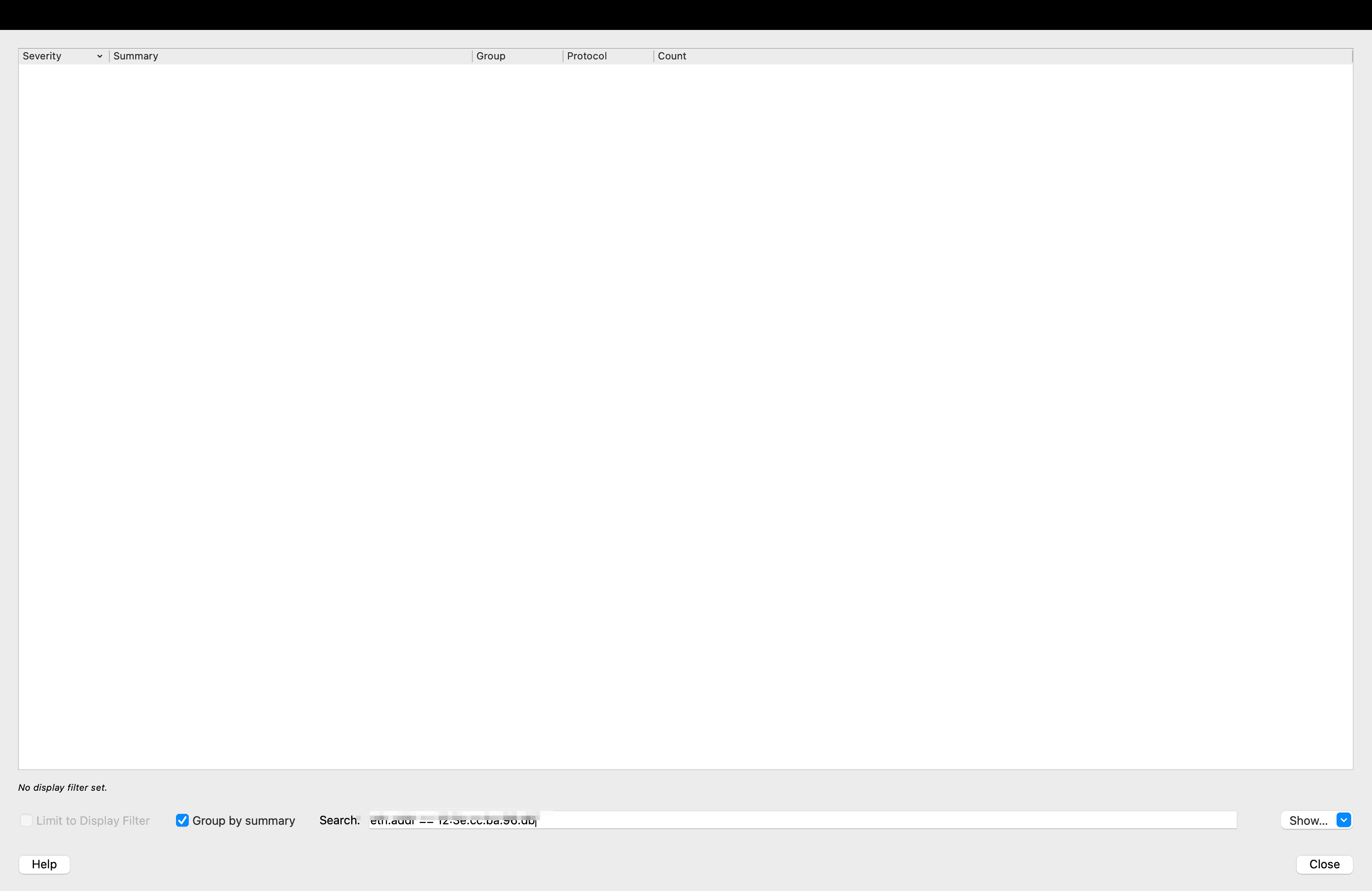 Figure 8. Live post-fix Expert Information window, filtered on the extender's MAC address, showing an empty list (no issues or errors).